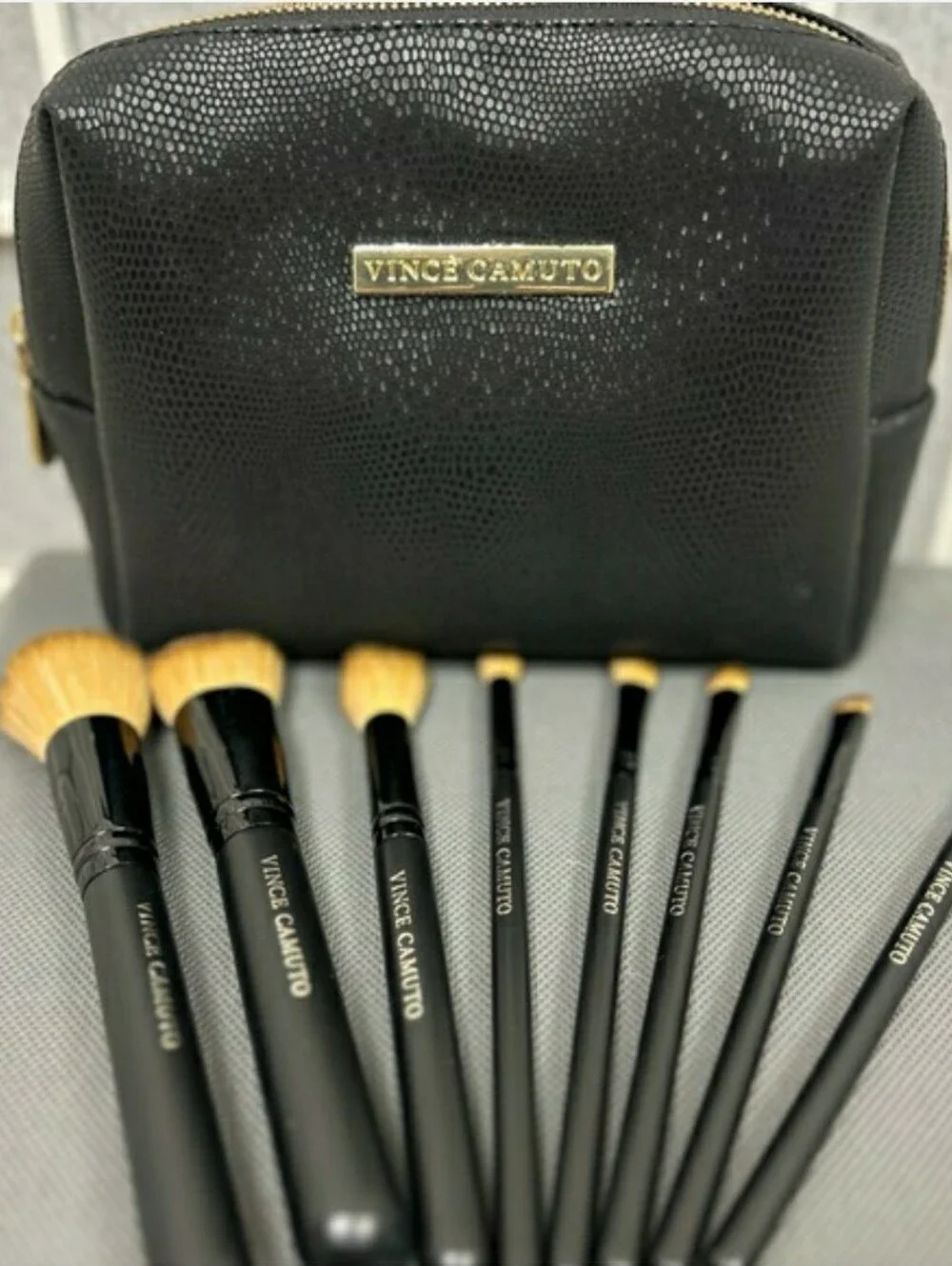 Vince Camuto Makeup Brush Set Featuring a Textured Black Cosmetic Bag